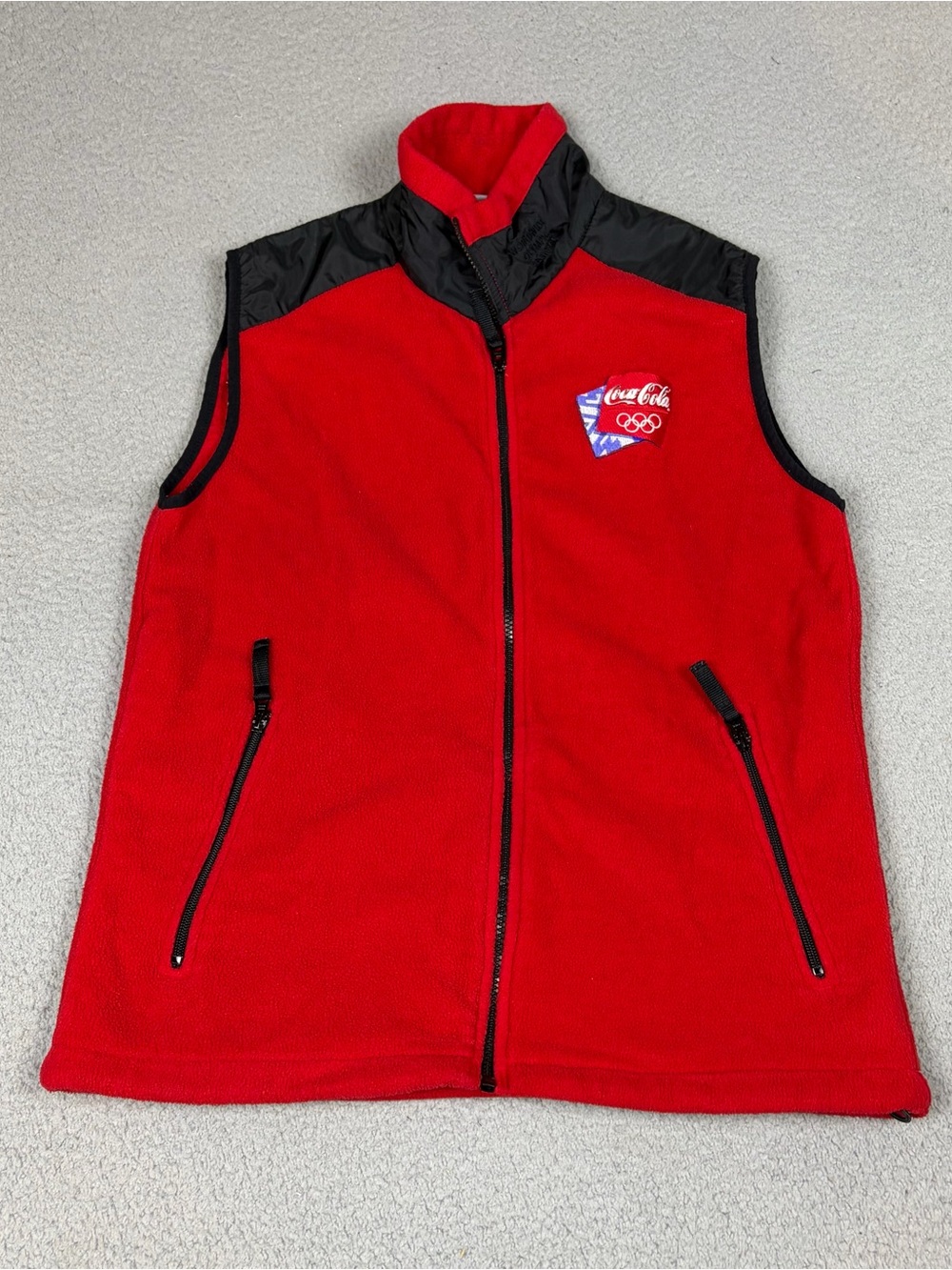 2002 Olympics Salt Lake Vest Coca Cola Red Fleece Jacket with Blue Black Accents
